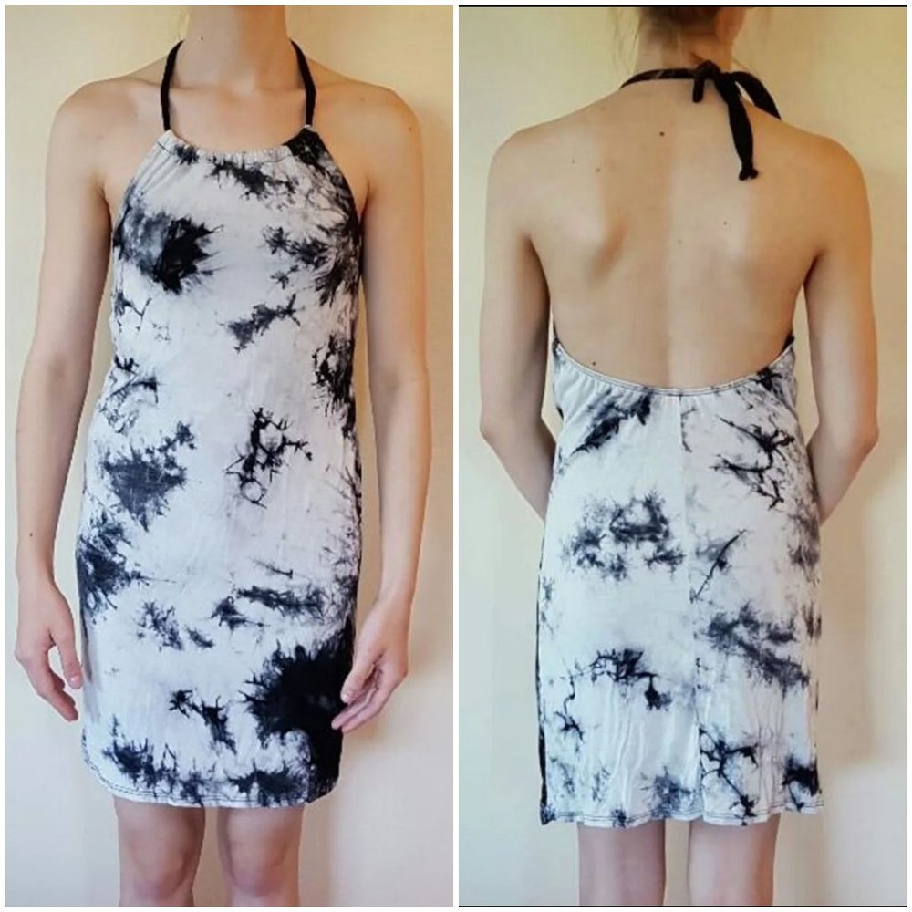Tie dye halter dress black and white size Small